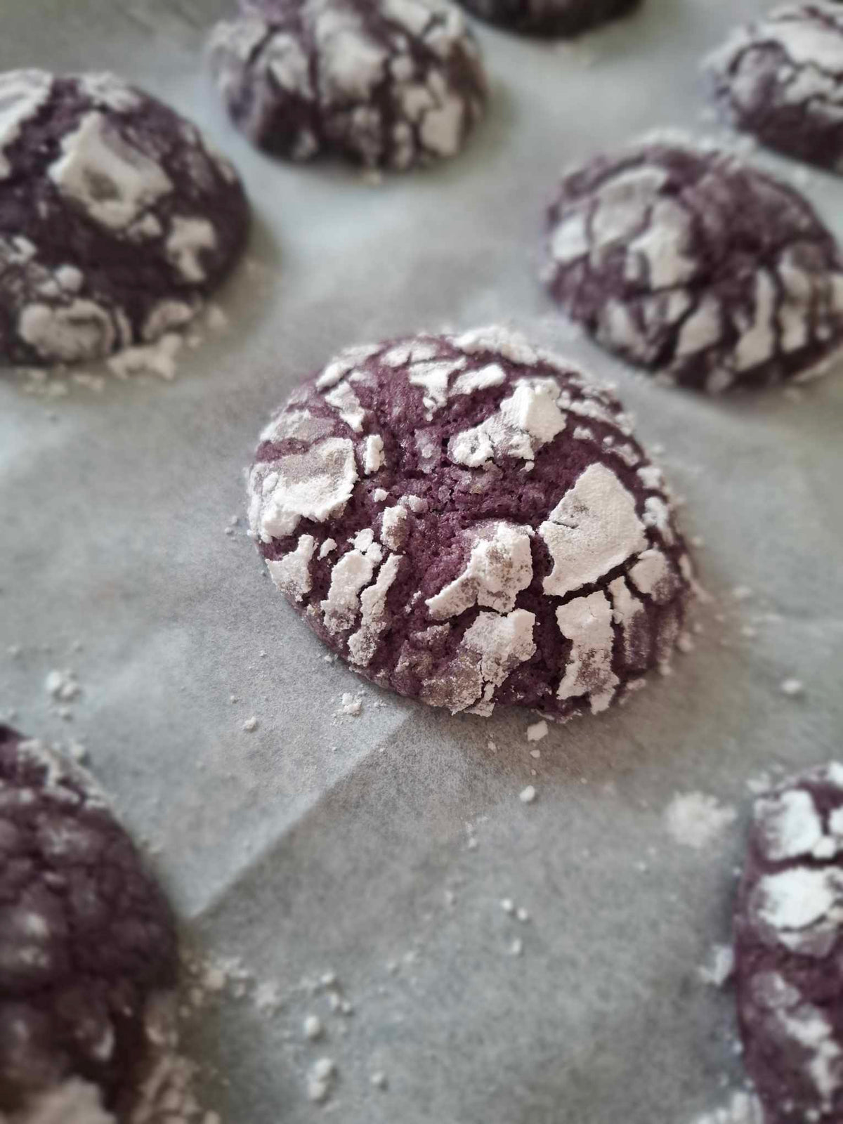 Close-up of an ube crinkle cookie with a powdered-sugar coating