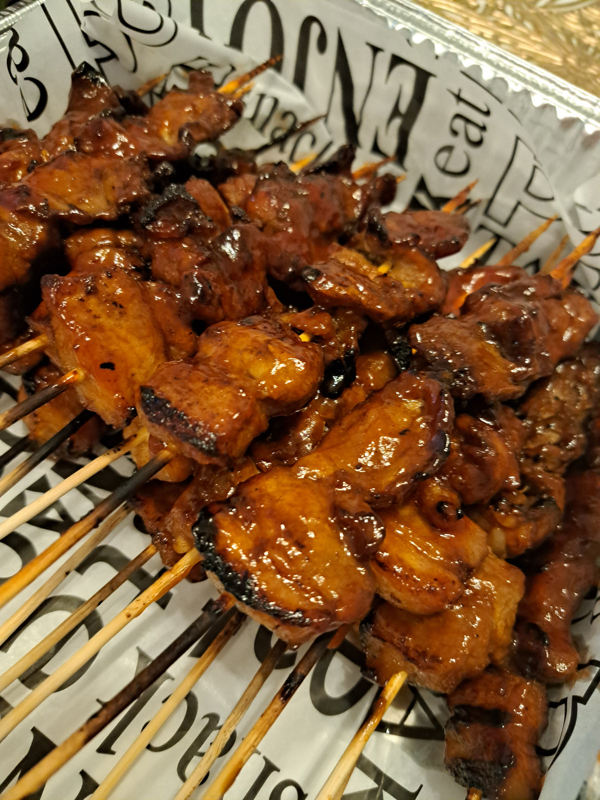 Close-up of pork barbecue skewers with lightly charred edges