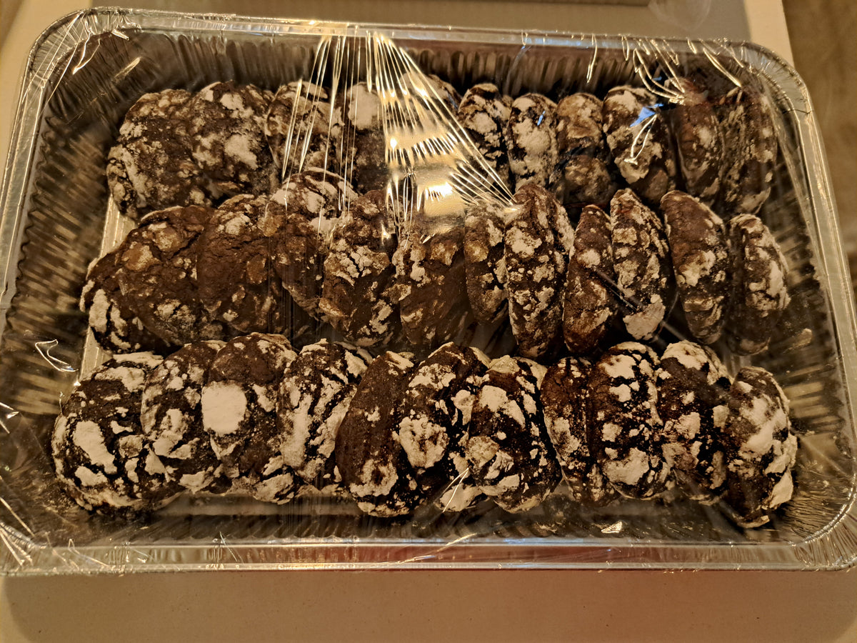 Large foil tray of assorted-size chocolate crinkle cookies