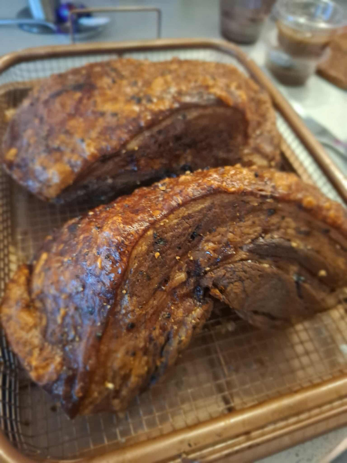 Close-up of sliced air-fried lechon kawali with crispy crackling