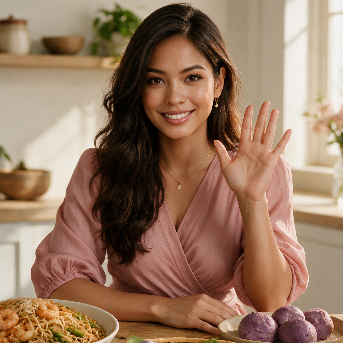 Althea, Ven’s Keuken’s digital assistant, welcoming visitors at a table with Filipino dishes
