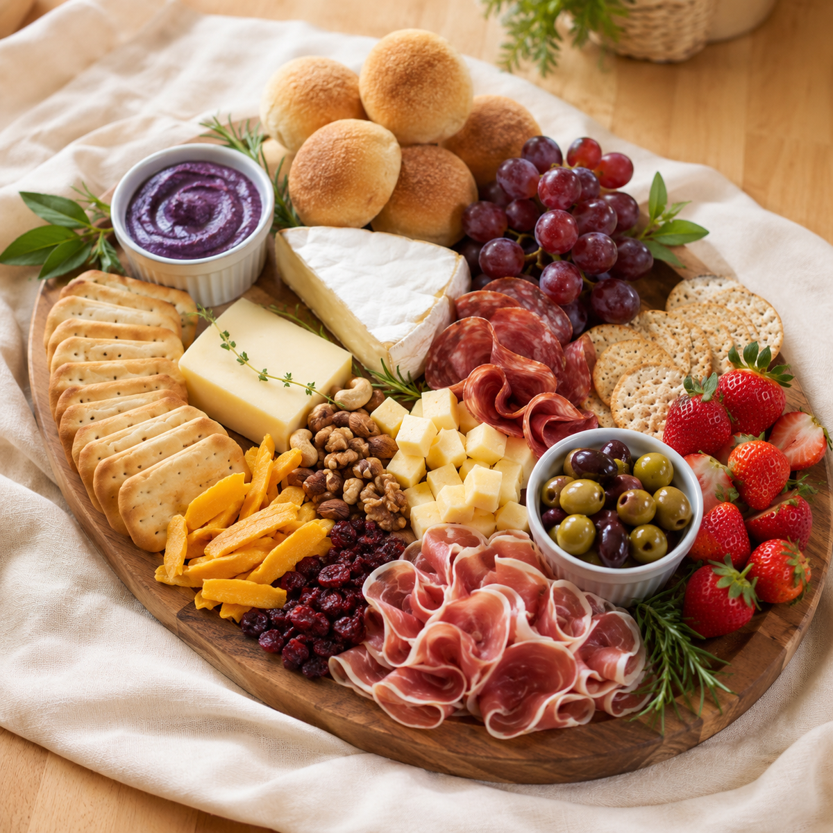 Custom charcuterie platter with cheeses, cured meats, fruit, crackers and pandesal