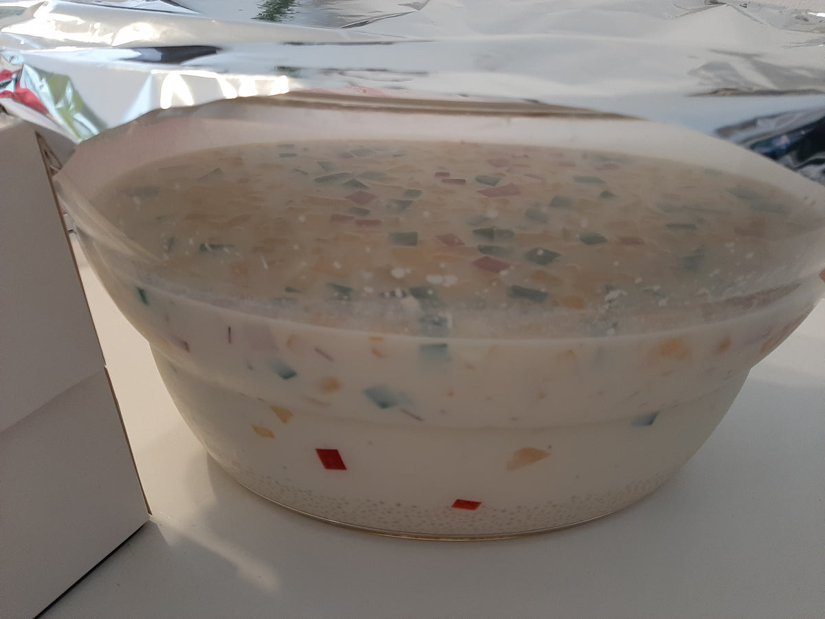 Large container of creamy Sago’t Gulaman with colourful jelly