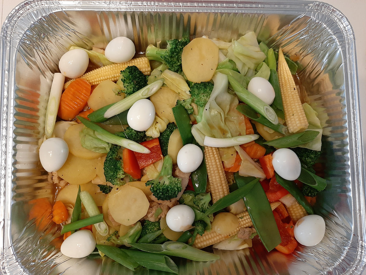 Mixed-vegetable Chop Suey with quail eggs prepared for sharing