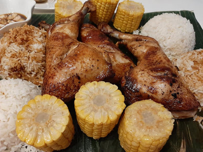 Baked thigh inasal meal with white rice, garlic rice and corn