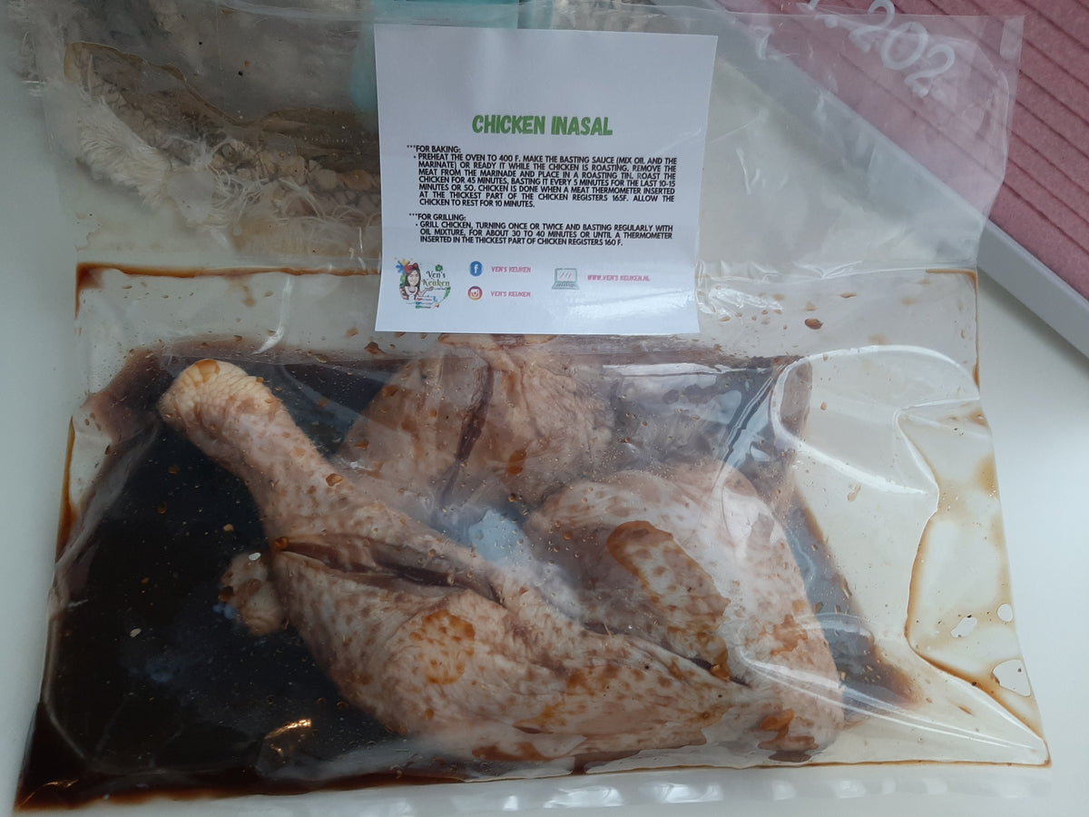 Close-up of marinated chicken inasal pieces sealed for home cooking