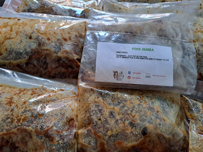 Pork humba 200 g packs arranged together with a labelled portion