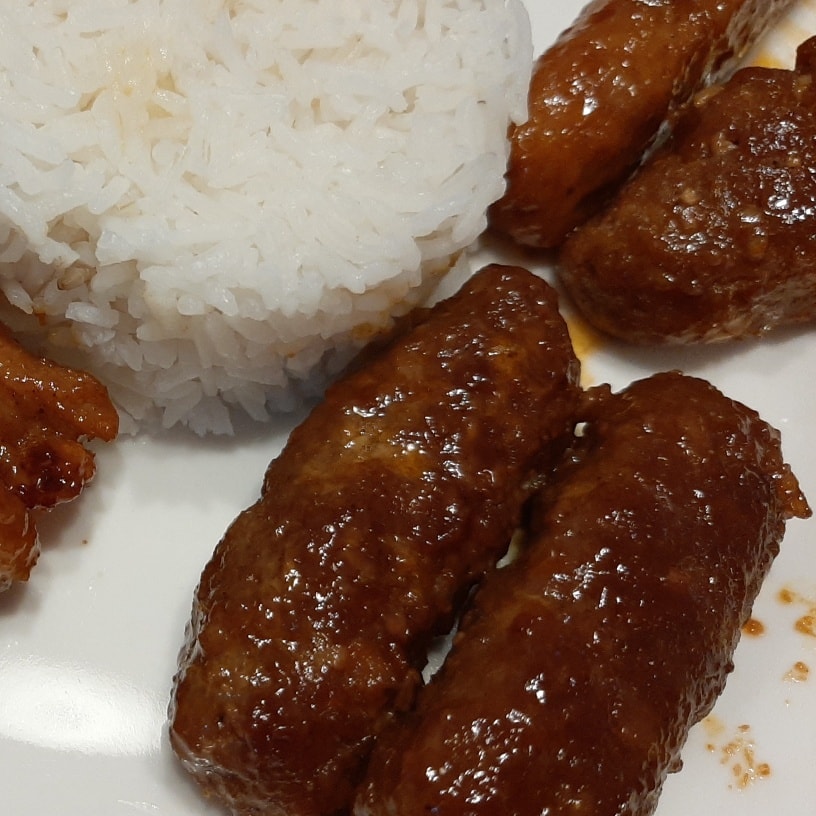 Glazed skinless chicken longganisa served with steamed white rice