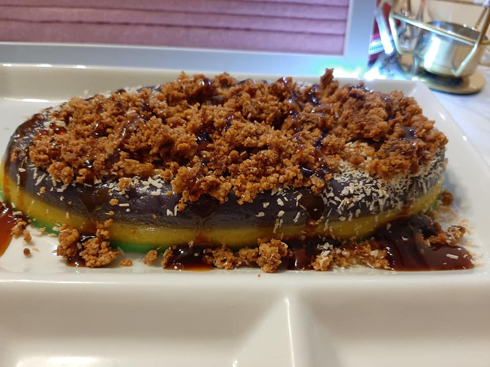 Sapin-sapin overload topped with toasted coconut crumbs and caramel